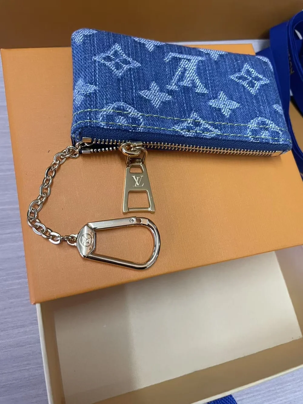 Louis Vuitton Blue Monogram Denim Key & Card Holder with Gold Chain